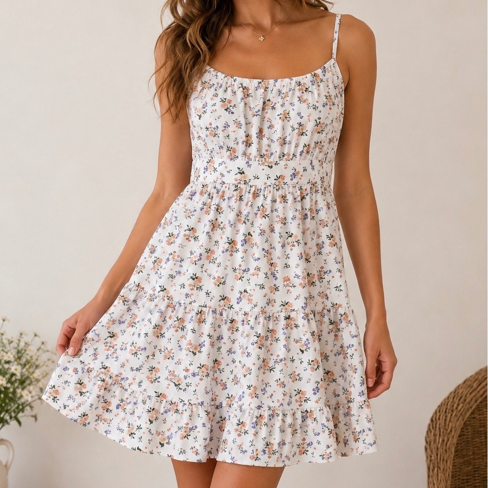 Women's White Floral Tiered Sundress‎ Size Medium Cottagecore Mini Dress
